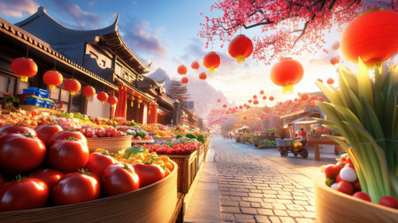 A traditional Chinese market scene, filled with red lanterns, colorful produce, and bustling street vendors.の素材