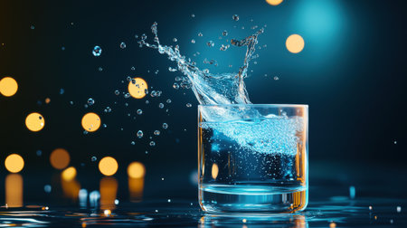 A refreshing splash of soda water in a glass, sending droplets of water and bubbles flying around.の素材
