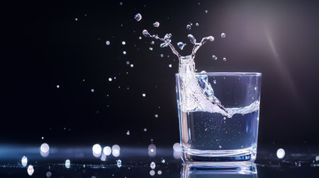 A refreshing splash of soda water in a glass, sending droplets of water and bubbles flying around.の素材