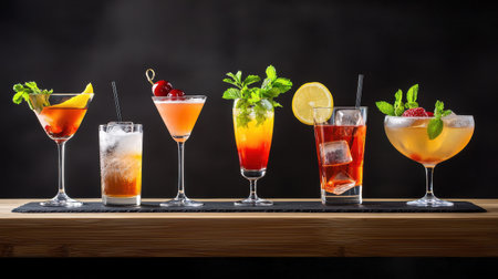 A stylish cocktail menu displayed on a chalkboard, featuring a list of creative and classic drinks with elegant typography.の素材