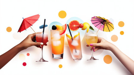 Friends toasting with a mix of cocktails, garnished with fruit and umbrellas, at an outdoor summer party.の素材