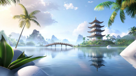 A serene view of a Chinese pagoda reflected in a still lake, surrounded by peaceful gardens and ornate bridges.の素材