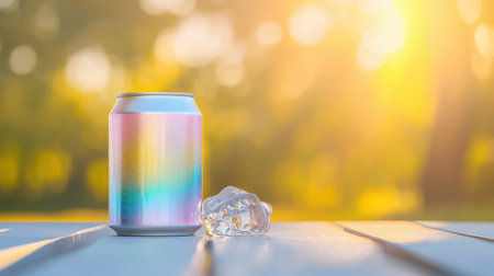 A soda can with a colorful design, placed on a picnic table next to a glass of ice.の素材
