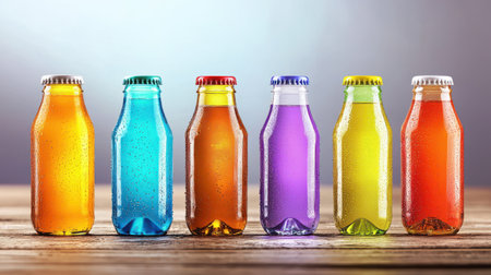 A row of glass soda bottles in vibrant colors, arranged on a wooden table with condensation on the surface.の素材