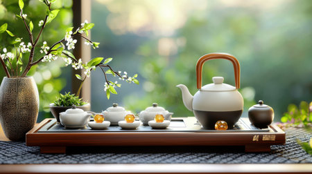 A traditional Chinese tea ceremony, with ornate tea sets and a serene setting, capturing the cultural essence of tea preparation.の素材