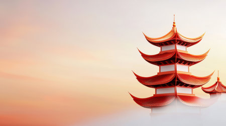A traditional Chinese pagoda, featuring its multi-tiered roof with upturned eaves and vibrant red and gold colors.の素材
