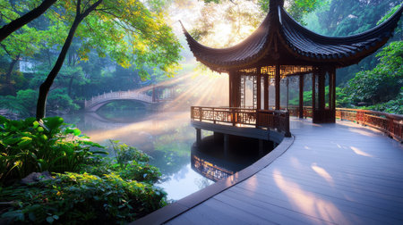 A traditional Chinese garden with ornate pavilions and bridges, surrounded by serene water and lush vegetation.の素材
