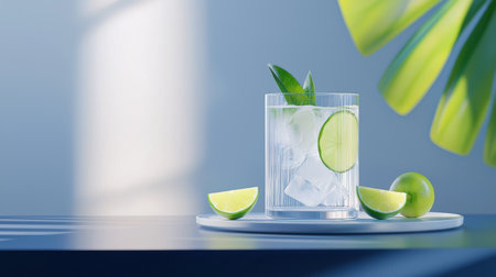 Soda water in a glass with lime wedges, sitting on a sleek, modern table under soft lighting.の素材