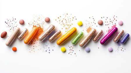 A colorful arrangement of supplement powders and capsules, emphasizing health and nutrition support.の素材