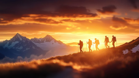 A group of friends hiking in the mountains, showcasing an adventurous and fitness-oriented lifestyle.の素材