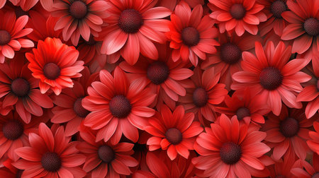 A seamless pattern of red daisies, with deep red petals arranged against soft, muted greens for a striking yet harmonious floral background.の素材