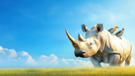 A rhino lumbering through a grassy plain, with birds perched on its back under a clear blue sky.の素材
