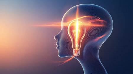 Abstract lines forming a human head with a bright idea at the center, representing innovation and creativity.の素材