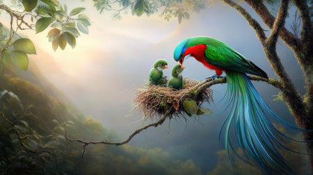 A Resplendent quetzal feeding its young, its long tail feathers hanging from a tree nest deep in the cloud forest.の素材