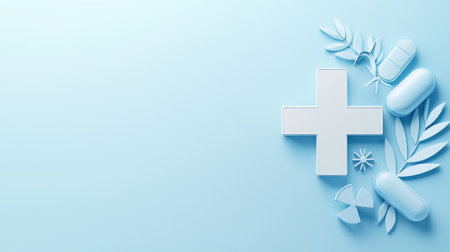 A light blue background featuring a medical cross symbol, suitable for healthcare branding or wellness campaigns looking for a professional touch.の素材