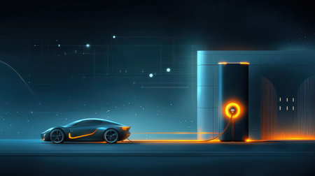 An electric car charging beside a high-tech building, with a glowing charge indicator, representing innovation in sustainable transport.の素材