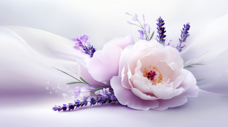 An elegant floral arrangement with soft focus, highlighting a mix of delicate flowers like peonies and lavender, forming a serene background.の素材