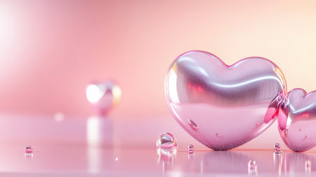 Glossy pink heart background with a metallic finish, reflecting light for a luxurious feel.の素材