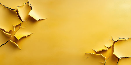 Faded yellow grunge background with torn paper textures and scratched surfaces.の素材