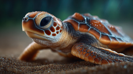 This image features a young sea turtle crawling on a sandy beach, highlighted by soft rainfall. The intricate details of its shell and the surrounding environment evoke a serene connection to nature and wildlife conservation.の素材