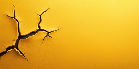 Grunge-style yellow background with weathered textures and dark, bold cracks scattered across the surface.の素材