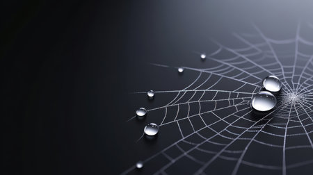This artistic close-up captures dew droplets glistening on a delicate spider web, set against a dark background. The intricate details convey beauty and tranquility.の素材