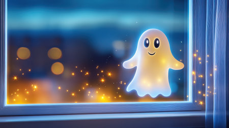 A playful ghost figure with a delightful smile glows softly in a window, surrounded by sparkling lights, creating a festive and magical atmosphere at night.の素材