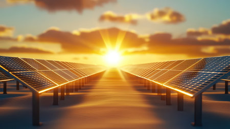 Rows of solar panels in a desert environment, capturing energy from the sun, representing large-scale renewable power.の素材