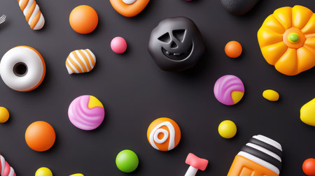 A vibrant collection of Halloween-themed candies and treats displayed on a dark surface, perfect for inspiring festive celebrations and joyful gatherings.の素材