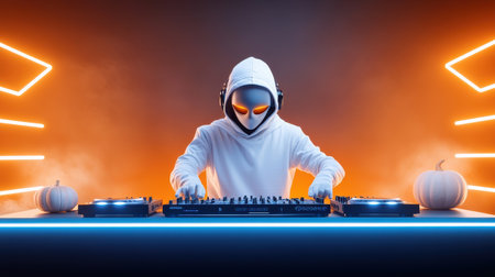 A captivating scene featuring a DJ wearing an alien mask, immersed in electronic music creation against a vibrant neon backdrop. Pumpkins add a festive touch.の素材