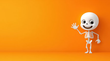 A cheerful cartoon skeleton character waves joyfully against a bright orange background, perfect for Halloween themes, festive decorations, and playful designs.の素材