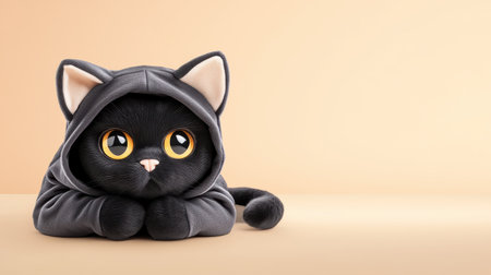 This charming cartoon black cat in a cozy gray hoodie embodies cuteness and playfulness. Set against a soft pastel background, its big, expressive eyes invite joy and warmth. Ideal for designs that celebrate adorable characters and furry companions.の素材