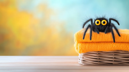 This image features an adorable fuzzy black spider with bright yellow eyes perched playfully on a stack of vibrant orange towels, creating a charming decor vibe.の素材