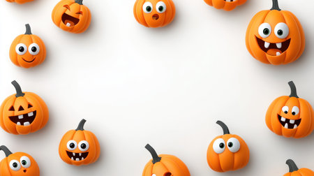 This image features a collection of cartoon-style pumpkins with diverse playful expressions against a clean white backdrop, perfect for Halloween-themed graphics.の素材