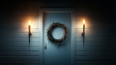 This captivating image features a rustic door adorned with a natural wreath. Candles flicker beside it, casting soft shadows in a serene and mysterious atmosphere.の素材