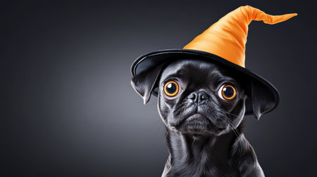 This enchanting image features a cute black pug adorned with a festive orange witch hat, perfect for Halloween-themed festivities and pet celebrations.の素材