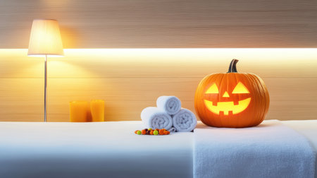 A cozy spa setting features a carved Halloween pumpkin alongside neatly stacked towels and candles, creating a warm autumn ambiance perfect for relaxation.の素材