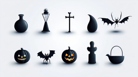 A captivating collection of black Halloween icons and symbols, featuring pumpkins, bats, lanterns, and more, perfect for creative Halloween projects and designs.の素材