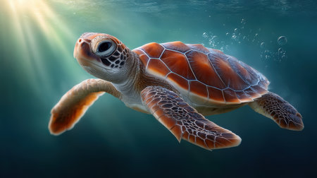Stunning image of a sea turtle swimming gracefully in clear ocean water, illuminated by sunlight, evoking a sense of peace and beauty in nature.の素材