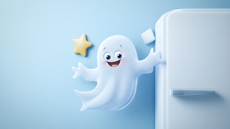 A vibrant and cheerful cartoon ghost unexpectedly emerges from a refrigerator, surrounded by playful elements like a star and ice cube, perfect for children's themes.の素材