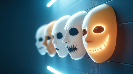 A captivating array of artistic masks featured against a softly lit wall, showcasing expressions that evoke mystery and creativity, ideal for thematic projects.の素材