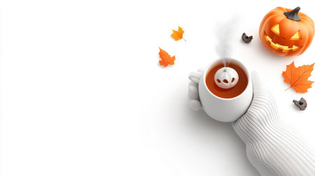 A serene autumn scene featuring a warm beverage with a pumpkin spice flavor served in a cozy cup, complemented by Halloween decorations and leaves.の素材