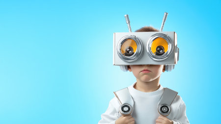 A young boy showcases his imaginative side by wearing a fun robot headset against a bright blue background. This playful portrait captures the spirit of creativity and technology.の素材