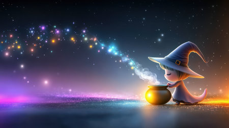 A charming fairy character brews a magical potion from a cauldron, surrounded by vibrant sparkles and a dreamy night sky. This artwork captures imagination and wonder.の素材