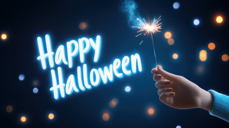 A festive image featuring a hand holding a bright sparkler with colorful bokeh lights in the background, conveying a joyful Halloween spirit.の素材