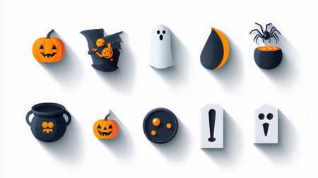 A vibrant collection of Halloween-themed icons featuring pumpkins, ghosts, a cauldron, and a spider, perfect for party invitations and creative projects.の素材