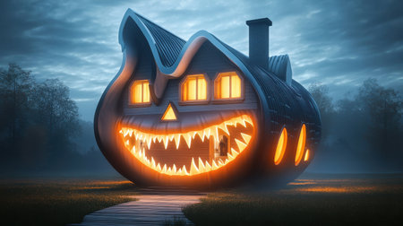 A whimsical pumpkin-shaped house showcasing a playful design with glowing windows and sharp toothy motifs, set in a misty landscape at dusk.の素材