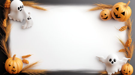 A charming Halloween-themed frame featuring playful ghosts and smiling pumpkins set against a soft background, perfect for festive designs and invitations.の素材