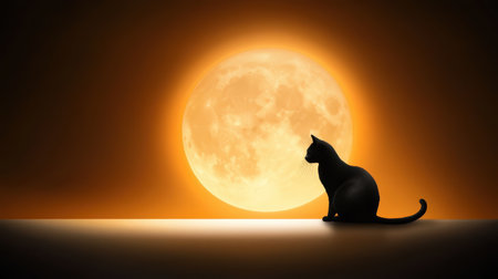 A stunning silhouette of a black cat sits against a large orange moon, creating a mystical atmosphere. The scene captures the beauty of night, evoking feelings of peace and intrigue.の素材