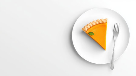 A vibrant slice of pumpkin pie sits elegantly on a white plate, garnished with a fresh mint leaf. The golden crust and bright orange filling evoke feelings of warmth and celebration. Perfect for dessert lovers.の素材